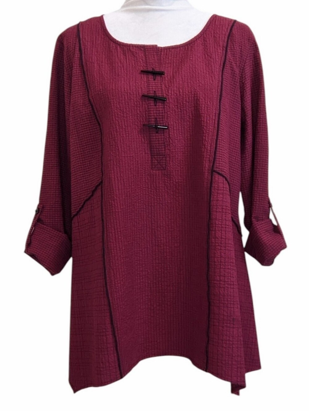 Ali Miles Tunic Top Maroon Oversized Front Button Roll Sleeves Large